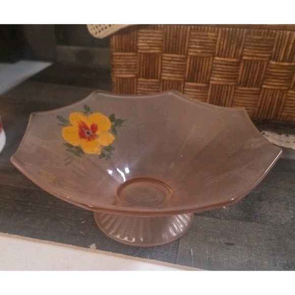 Vintage Frosted Satin Pink Glass Hand Painted Roses Bowl Dish - Picture 1 of 6